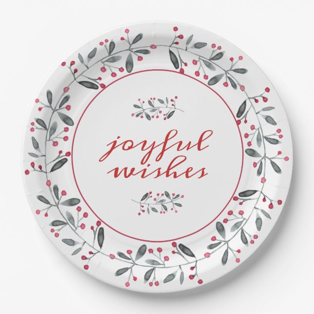 Elegant Red & Green Holly Wreath Christmas Paper Plates (Front)