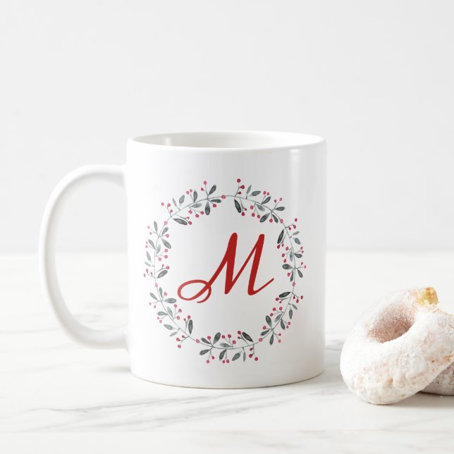 Elegant Red & Green Holly Wreath Monogram Coffee Mug (With Donut)