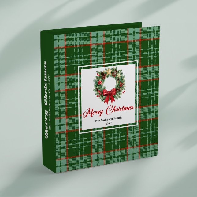 Elegant red green plaid pine wreath holiday binder (Elegant red green plaid pine wreath holiday binder)