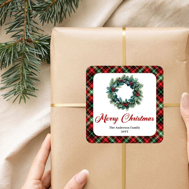 Elegant Red Green Plaid Pine Wreath Holiday Labels (Elegant Red Green Plaid Pine Wreath Holiday Sticker)