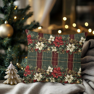 Elegant Red Green Plaid Red Poinsettia Christmas Throw Pillow