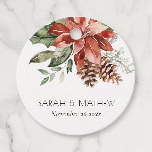 Elegant Red Green Poinsettia Pine Cone Watercolor Favor Tags