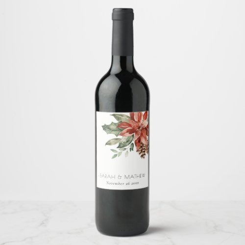 Elegant Red Green Poinsettia Pine Cone Wedding Wine Label