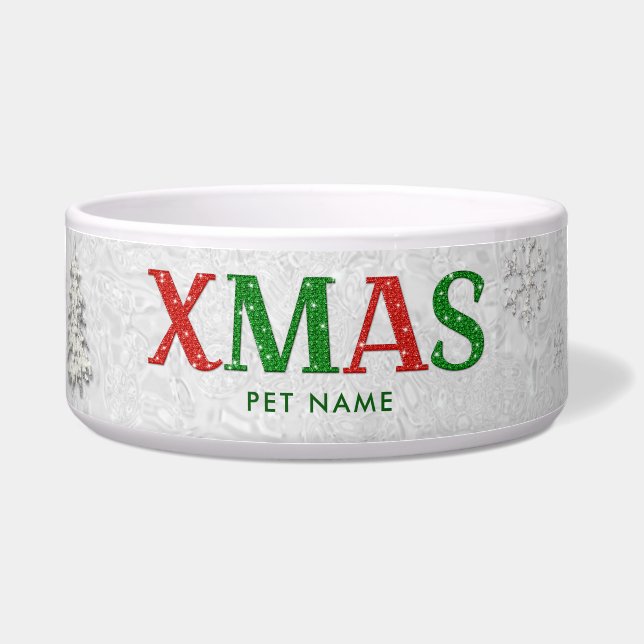 Elegant Red Green Rhinestone Merry White Christmas Bowl (Front)