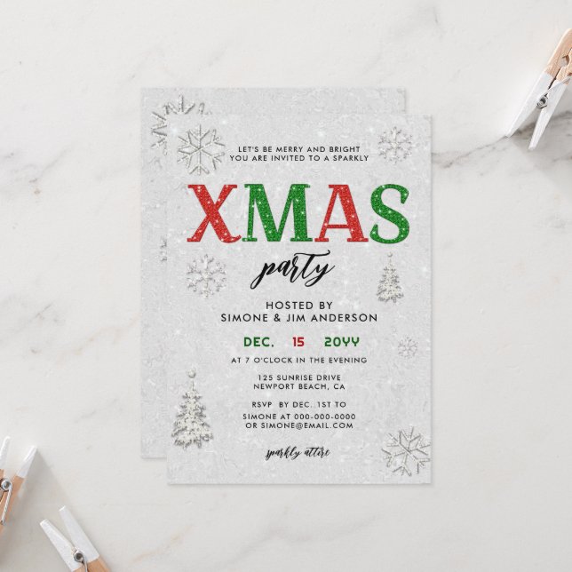 Elegant Red Green Rhinestones Christmas Party Invitation (Front/Back In Situ)