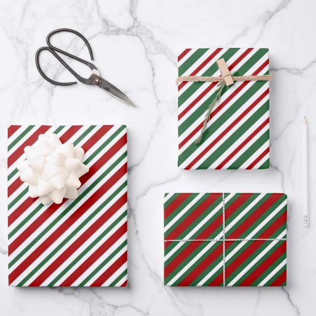 Elegant Red Green Stripes Christmas Wrapping Paper Sheets (Front)