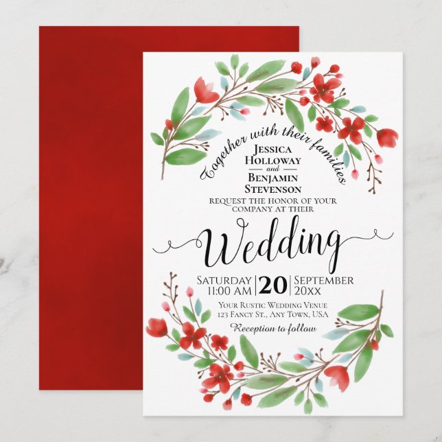 Elegant Red & Green Watercolor Floral Wedding Invitation (Front/Back)