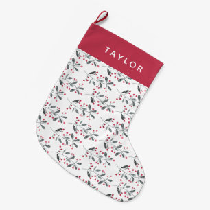 Elegant Red & Green Watercolor Holly Branches Large Christmas Stocking