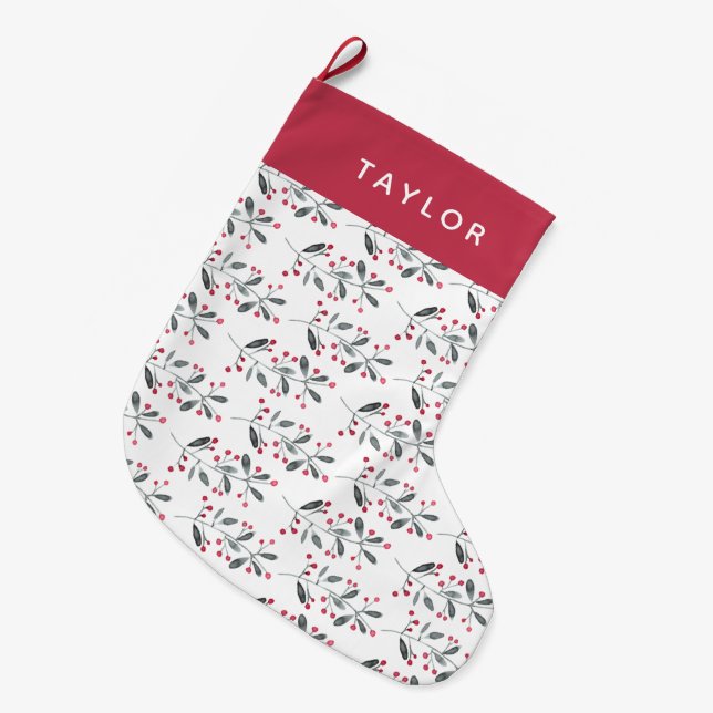 Elegant Red & Green Watercolor Holly Branches Large Christmas Stocking (Front (Hanging))