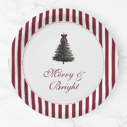 Elegant Red Green Watercolor Tree Christmas Party Paper Plates