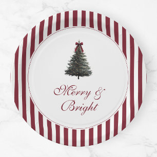 Elegant Red Green Watercolor Tree Christmas Party Paper Plates
