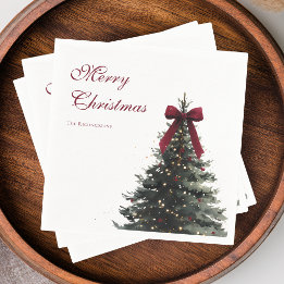 Elegant Red Green Watercolor Tree Merry Christmas Napkins