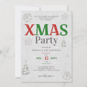 Elegant Red Green White Glitter Christmas Party Invitation
