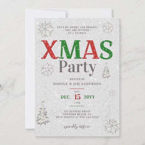 Elegant Red Green White Glitter Christmas Party Invitation