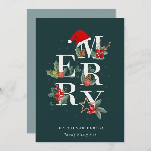 Elegant Red Green White Merry Christmas Foliage Holiday Card