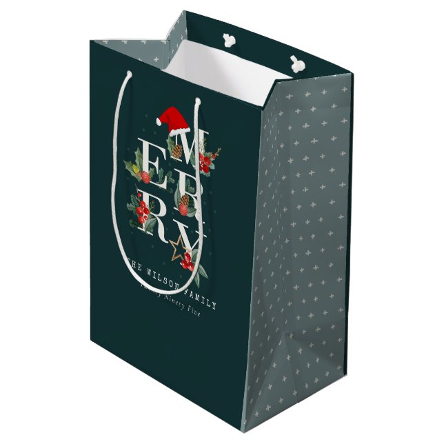 Elegant Red Green White Merry Christmas Foliage Medium Gift Bag (Back Angled)