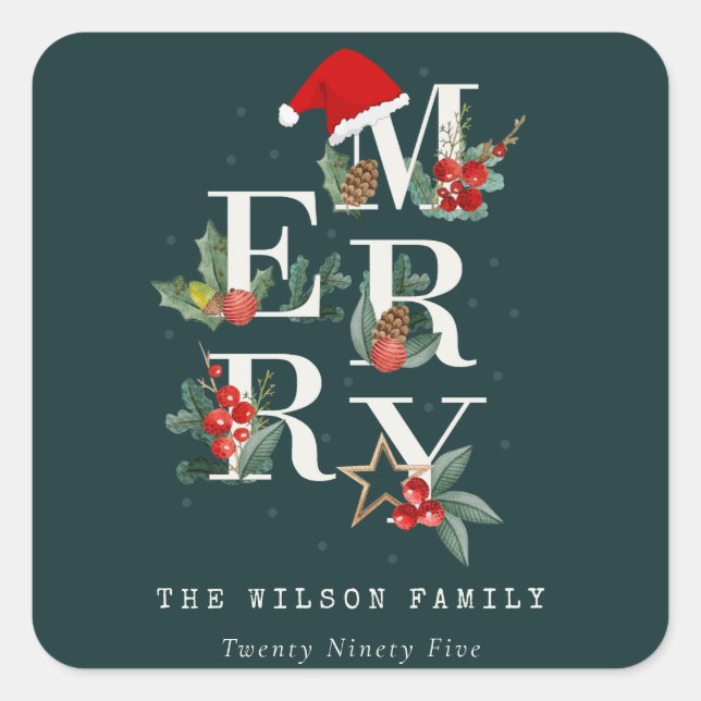 Elegant Red Green White Merry Christmas Foliage Square Sticker (Front)