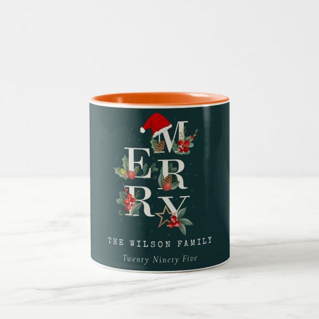 Elegant Red Green White Merry Christmas Foliage Two-Tone Coffee Mug (Center)