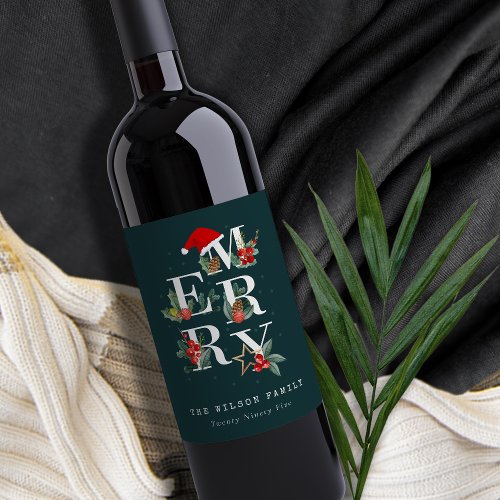 Elegant Red Green White Merry Christmas Foliage Wine Label