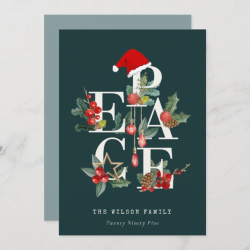 Elegant Red Green White Peace Christmas Foliage Holiday Card