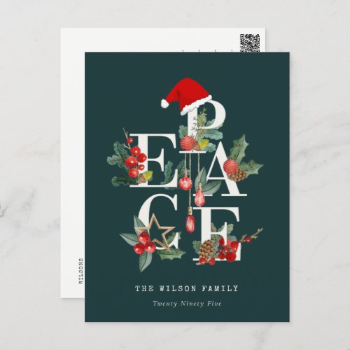 Elegant Red Green White Peace Christmas Foliage Holiday Postcard