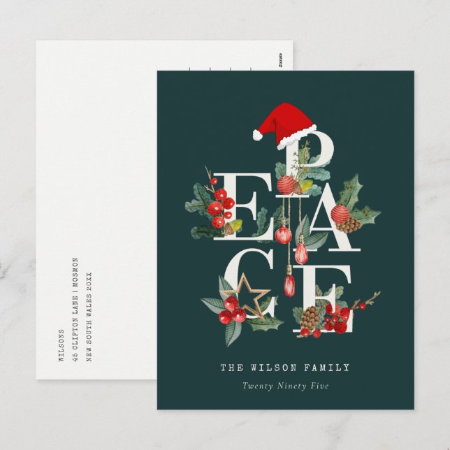 Elegant Red Green White Peace Christmas Foliage Holiday Postcard (Front/Back)
