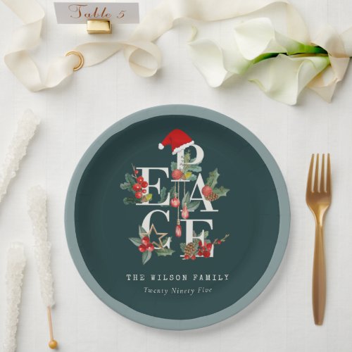 Elegant Red Green White Peace Christmas Foliage Paper Plates