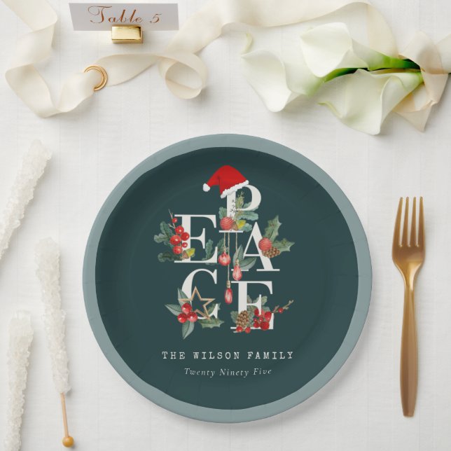 Elegant Red Green White Peace Christmas Foliage Paper Plates (Wedding)