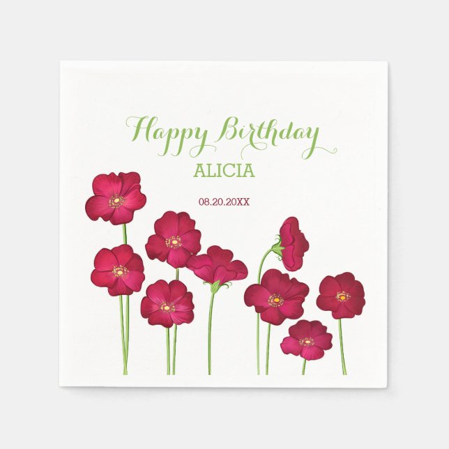 Elegant Red Growing Wildflower Birthday Party Napkins (Front)