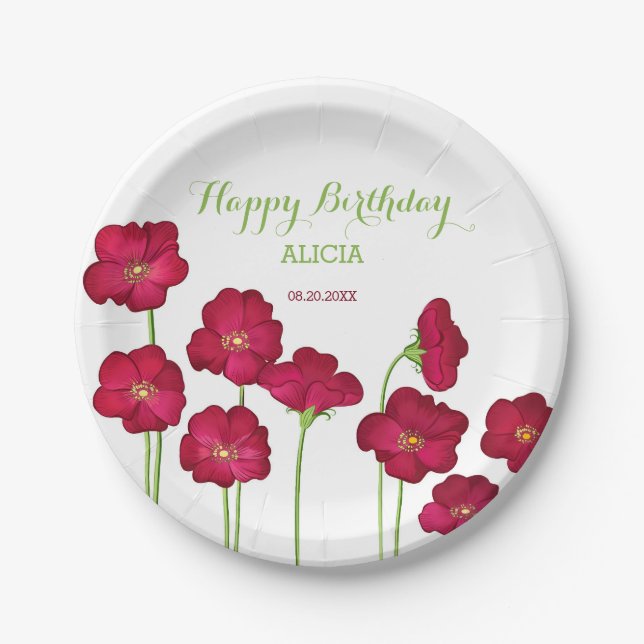 Elegant Red Growing Wildflower Birthday Party Paper Plates (Front)