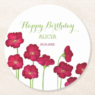 Elegant Red Growing Wildflower Birthday Party Round Paper Coaster