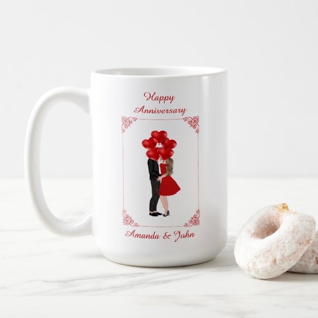 Elegant Red Happy Anniversary Personalized Mug (With Donut)