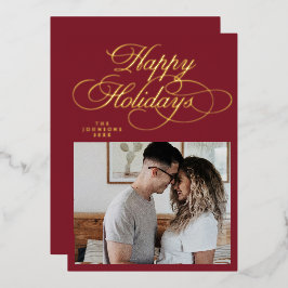Elegant Red Happy Holidays Photo Christmas  Foil Holiday Card