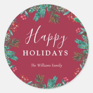 Elegant Red Happy Holidays Wreath Family Name Classic Round Sticker