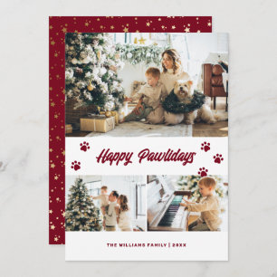 Elegant Red Happy Pawlidays Gold Stars Photo Holiday Card