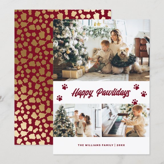 Elegant Red Happy Pawlidays Gold Stars Photo Christmas Card