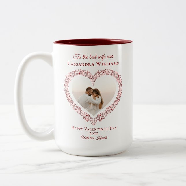 Elegant Red Heart Best Wife Photo Valentines Day Two-Tone Coffee Mug (Left)
