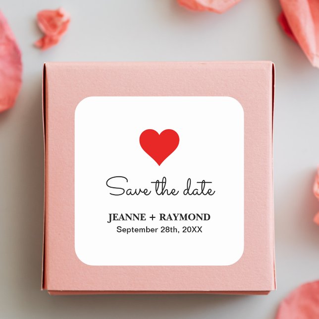 Elegant Red Heart Clean Wedding Save the date Square Sticker (Elegant red heart square save the date sticker adds romantic charm to wedding announcements.)