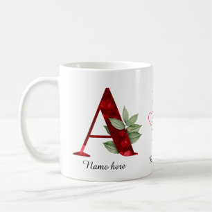 Elegant Red Heart Floral Letter A Initial Coffee  Mug