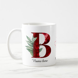 Elegant Red Heart Floral Letter B Initial Coffee  Mug