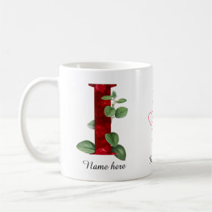 Elegant Red Heart Floral Letter H Initial Mug