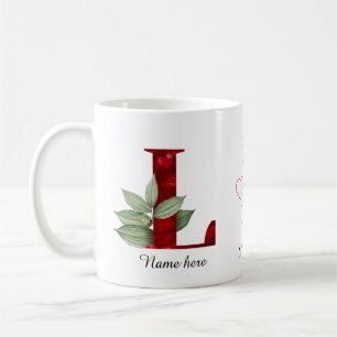 Elegant Red Heart Floral Letter L Initial Mug