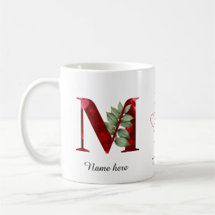 Elegant Red Heart Floral Letter M Initial Mug