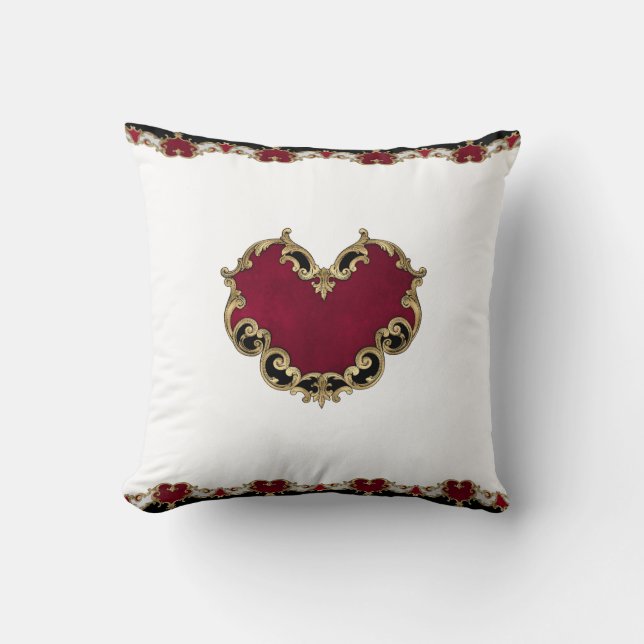 Elegant Red Heart Gold Ornate Throw Pillow (Front)