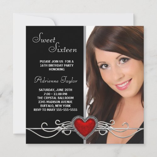 Elegant Red Heart Photo Birthday Party Invitation