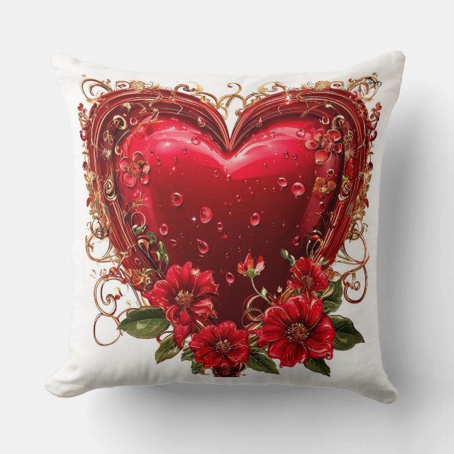 Elegant Red Heart with Flowers Throw Pillow (Front)