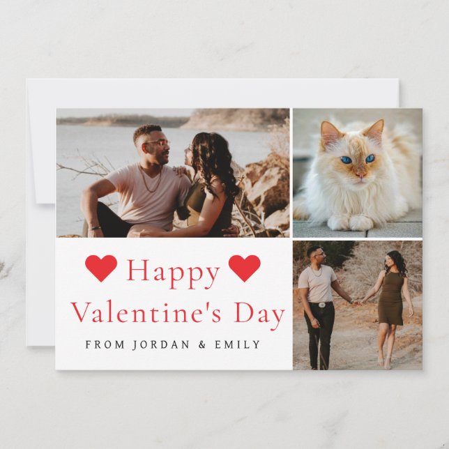 Elegant Red Hearts Happy Valentine's Day 3 Photo Holiday Card (Front)