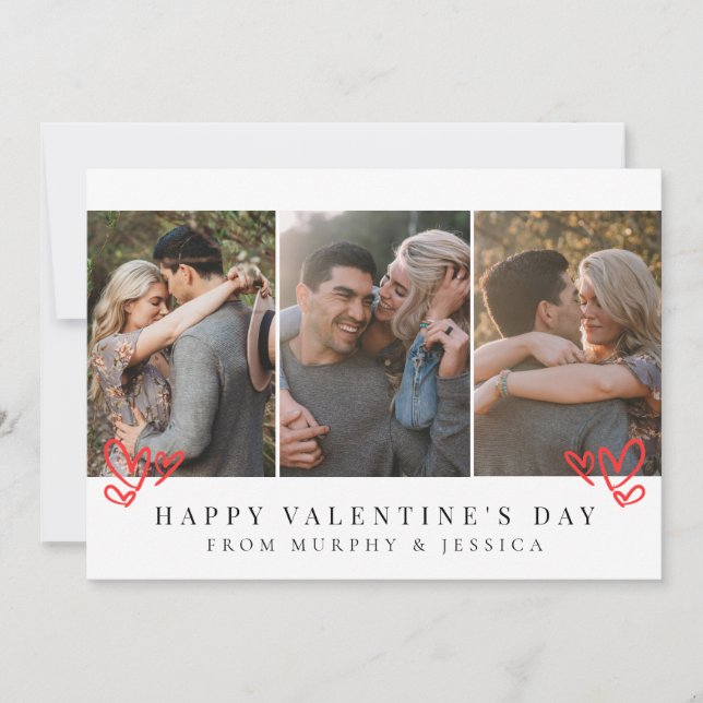 Elegant Red Hearts Happy Valentine's Day 3 Photo Holiday Card (Front)