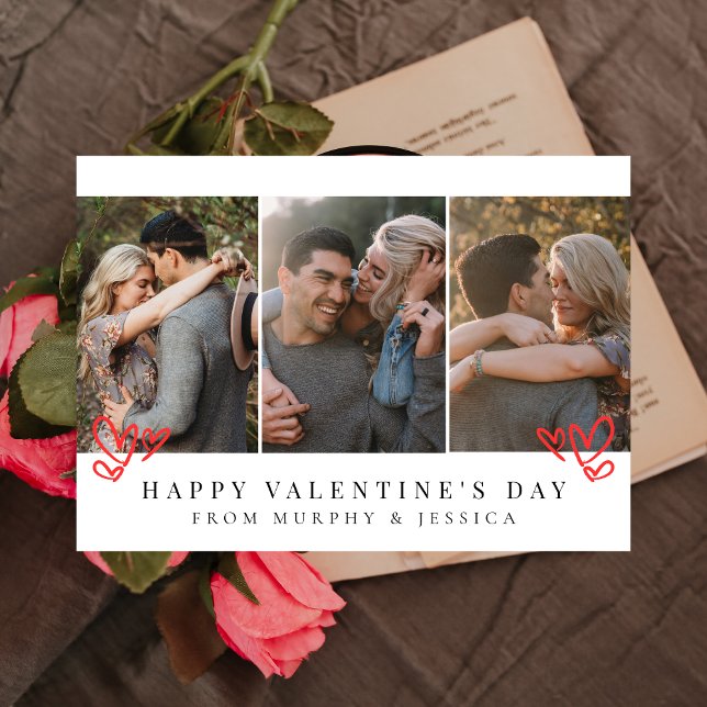 Elegant Red Hearts Happy Valentine's Day 3 Photo Holiday Card (Creator Uploaded)