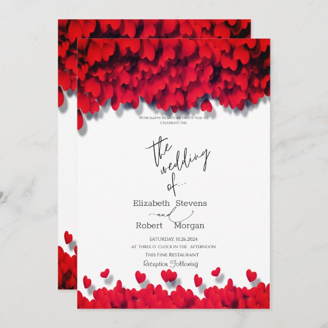 Elegant Red Hearts Wedding  Invitation (Front/Back)